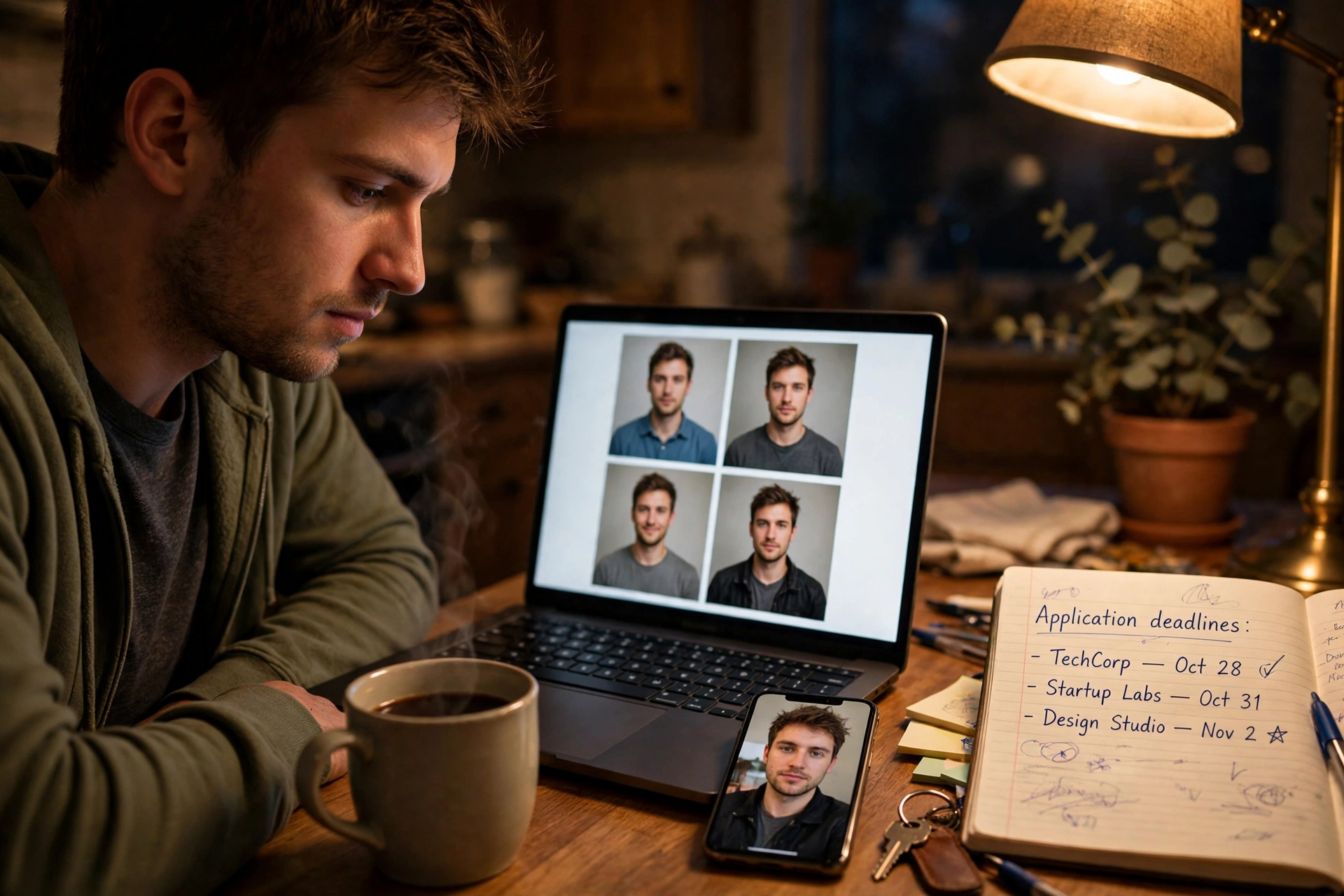 Job seeker comparing ai headshot generator options on a laptop the night before applications go out