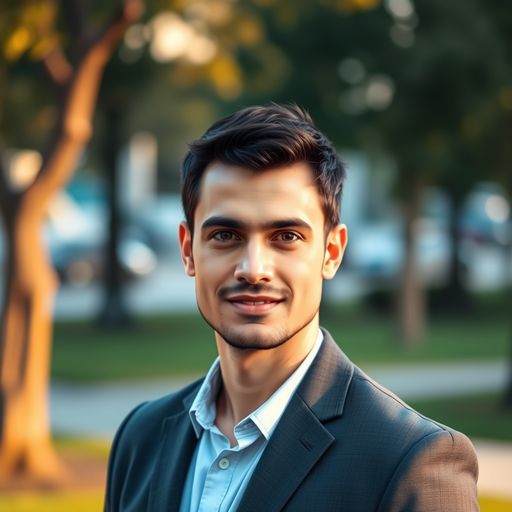 AI-generated sample — outdoor golden-hour headshot
